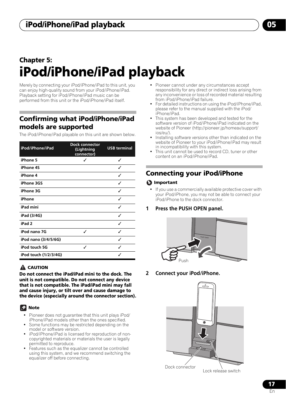 05 ipod/iphone/ipad playback, Confirming what ipod/iphone/ipad models are, Supported | Connecting your ipod/iphone, Ipod/iphone/ipad playback, Ipod/iphone/ipad playback 05, Chapter 5 | Pioneer X-SMC55-S User Manual | Page 17 / 54