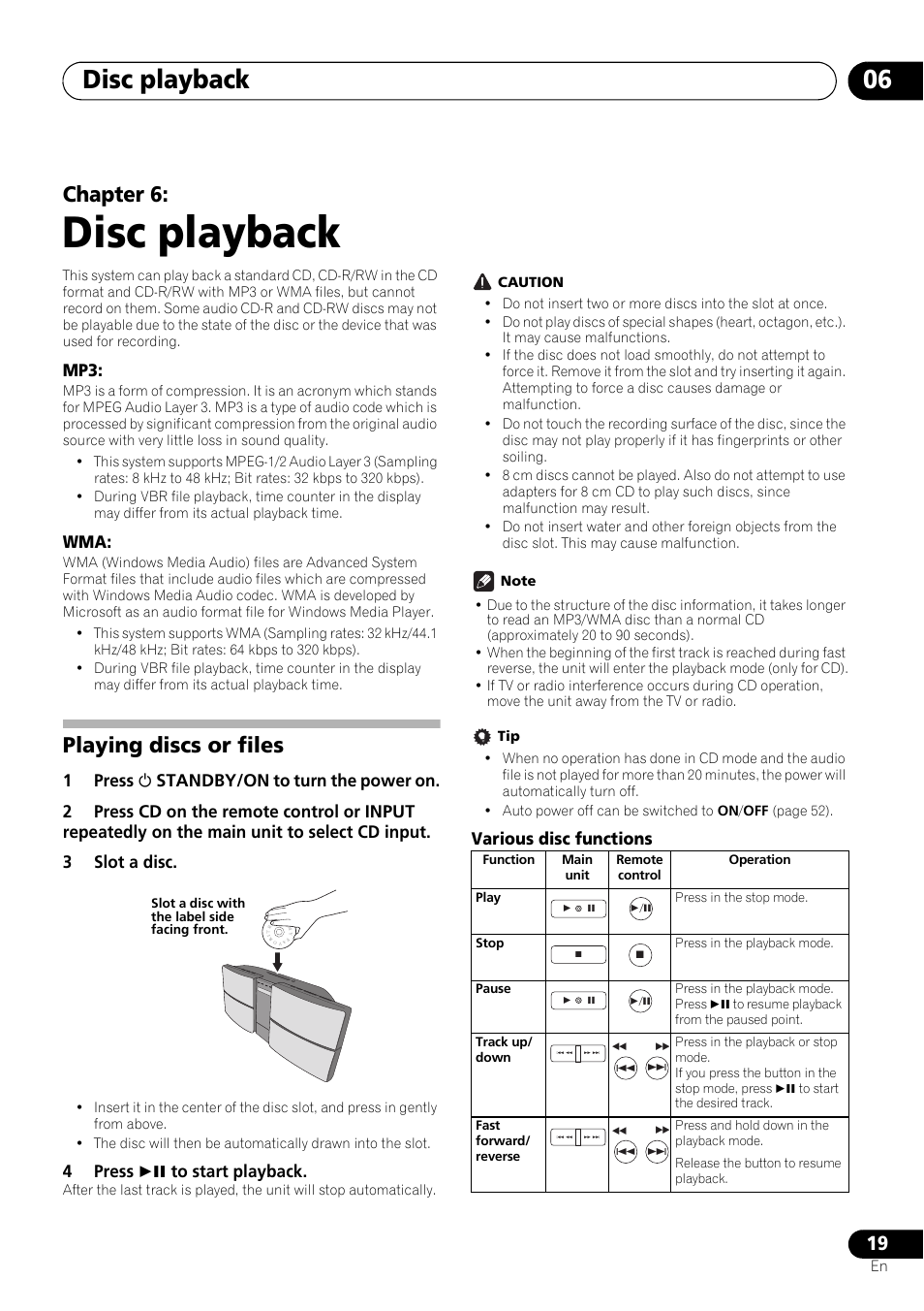 06 disc playback, Playing discs or files, Disc playback | Disc playback 06, Chapter 6, 4press  to start playback, Various disc functions | Pioneer X-SMC55-S User Manual | Page 19 / 54