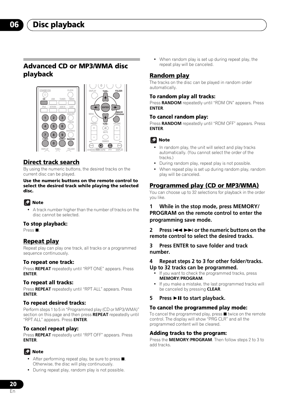Advanced cd or mp3/wma disc playback, Direct track search, Repeat play | Random play, Programmed play (cd or mp3/wma), Disc playback 06, Adding tracks to the program | Pioneer X-SMC55-S User Manual | Page 20 / 54
