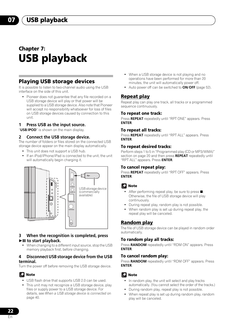 07 usb playback, Playing usb storage devices, Repeat play | Random play, Usb playback, Usb playback 07, Chapter 7 | Pioneer X-SMC55-S User Manual | Page 22 / 54