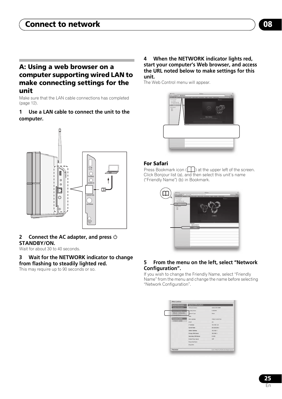 A: using a web browser on a computer supporting, Wired lan to make connecting settings for the, Unit | Connect to network 08 | Pioneer X-SMC55-S User Manual | Page 25 / 54