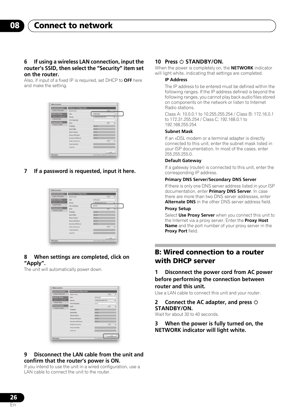 B: wired connection to a router with dhcp, Server, Connect to network 08 | B: wired connection to a router with dhcp server | Pioneer X-SMC55-S User Manual | Page 26 / 54