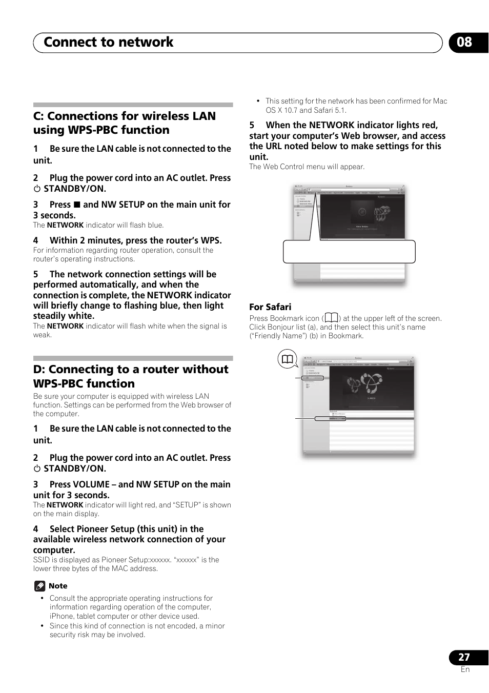 C: connections for wireless lan using wps-pbc, Function, D: connecting to a router without wps-pbc | Connect to network 08, D: connecting to a router without wps-pbc function | Pioneer X-SMC55-S User Manual | Page 27 / 54