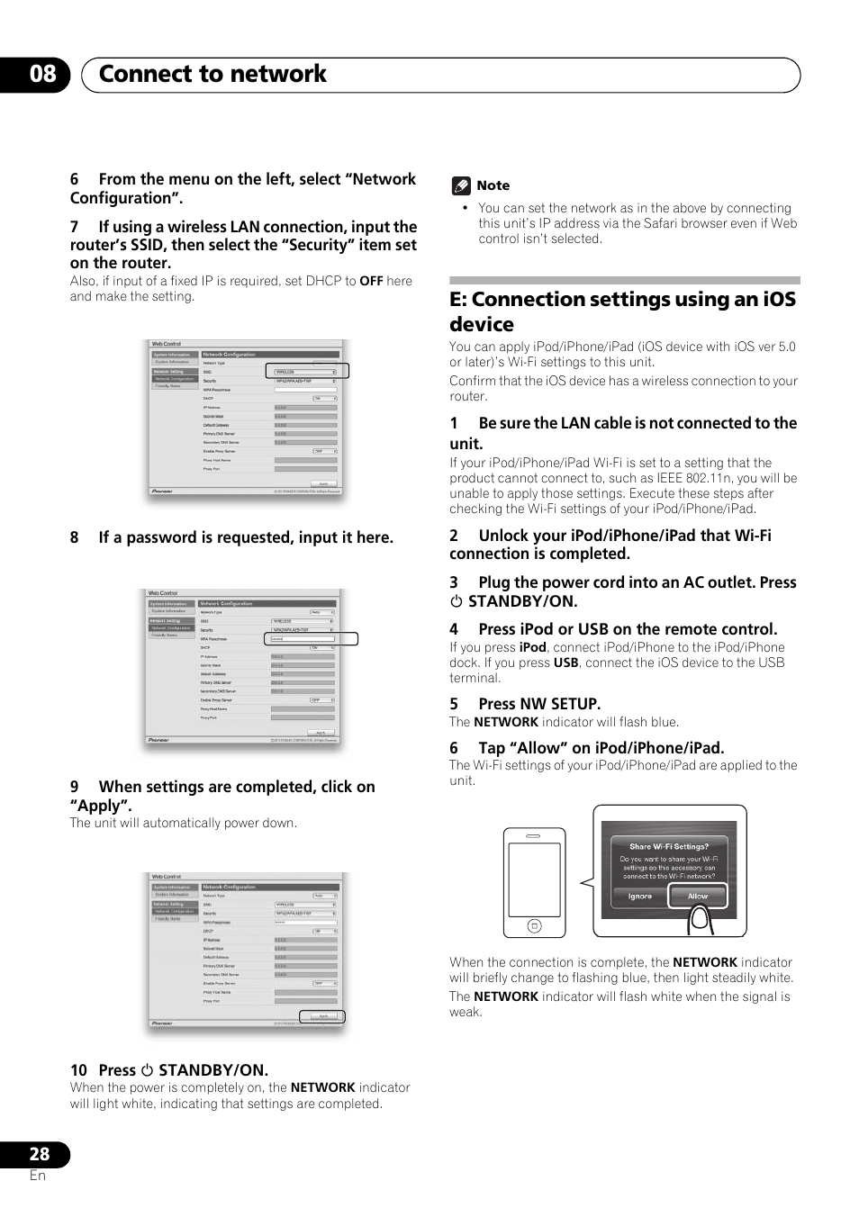 E: connection settings using an ios device, Connect to network 08 | Pioneer X-SMC55-S User Manual | Page 28 / 54