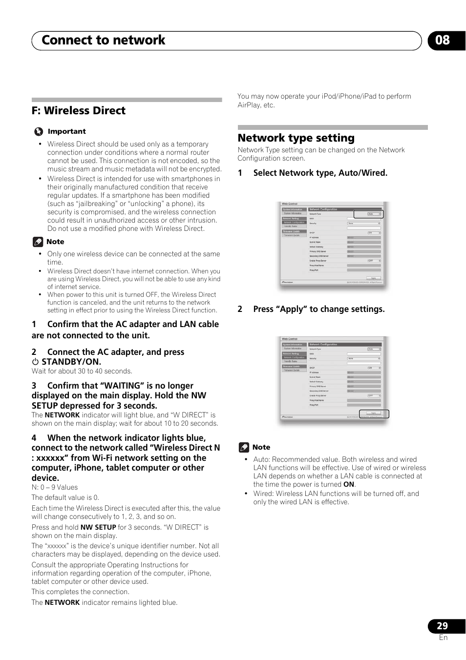 F: wireless direct, Network type setting, Connect to network 08 | Pioneer X-SMC55-S User Manual | Page 29 / 54
