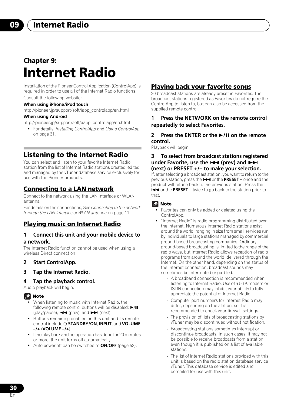 09 internet radio, Listening to the internet radio, Connecting to a lan network | Playing music on internet radio, Playing back your favorite songs, Internet radio, Internet radio 09, Chapter 9 | Pioneer X-SMC55-S User Manual | Page 30 / 54