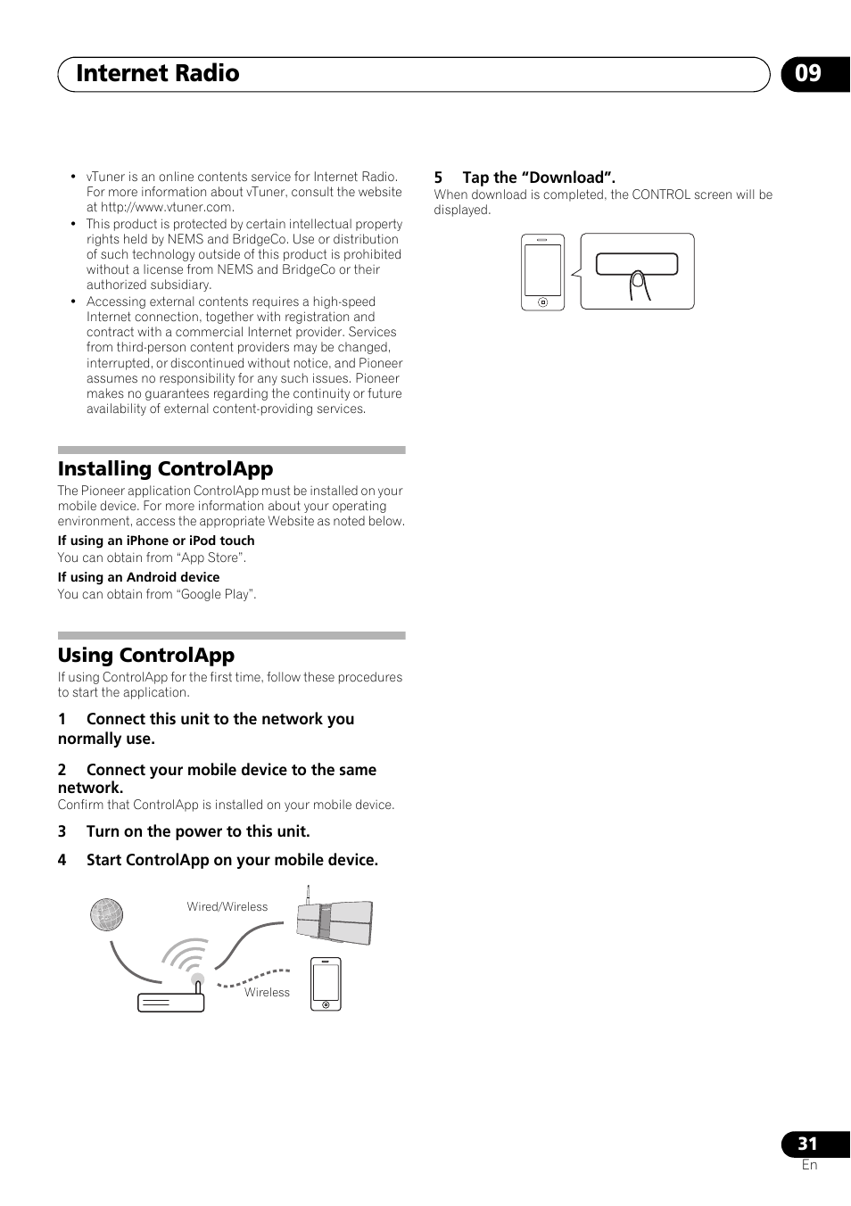 Installing controlapp, Using controlapp, Internet radio 09 | Pioneer X-SMC55-S User Manual | Page 31 / 54