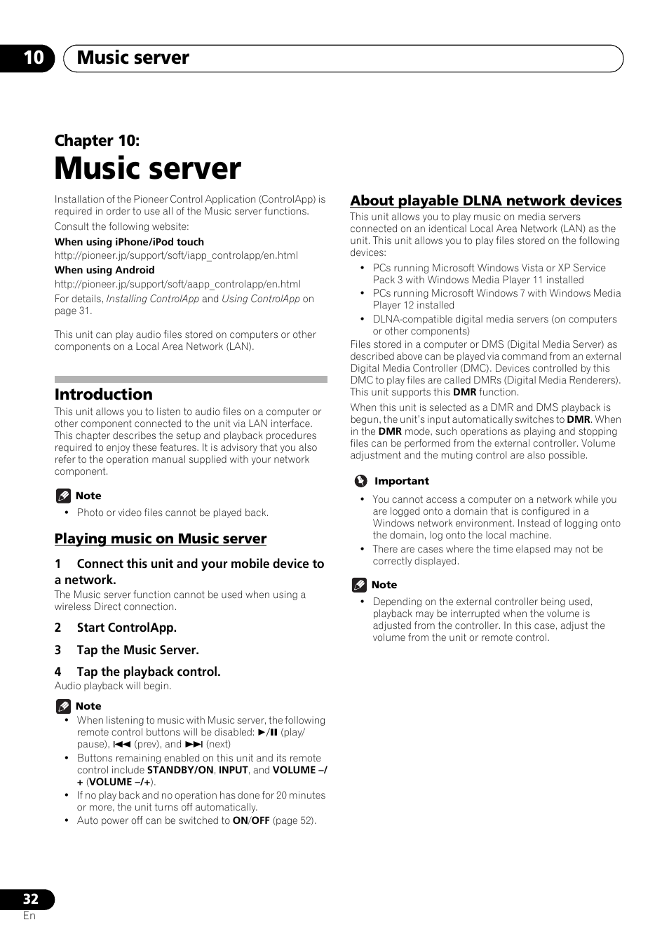 10 music server, Introduction, Playing music on music server | About playable dlna network devices, Music server, Music server 10, Chapter 10 | Pioneer X-SMC55-S User Manual | Page 32 / 54