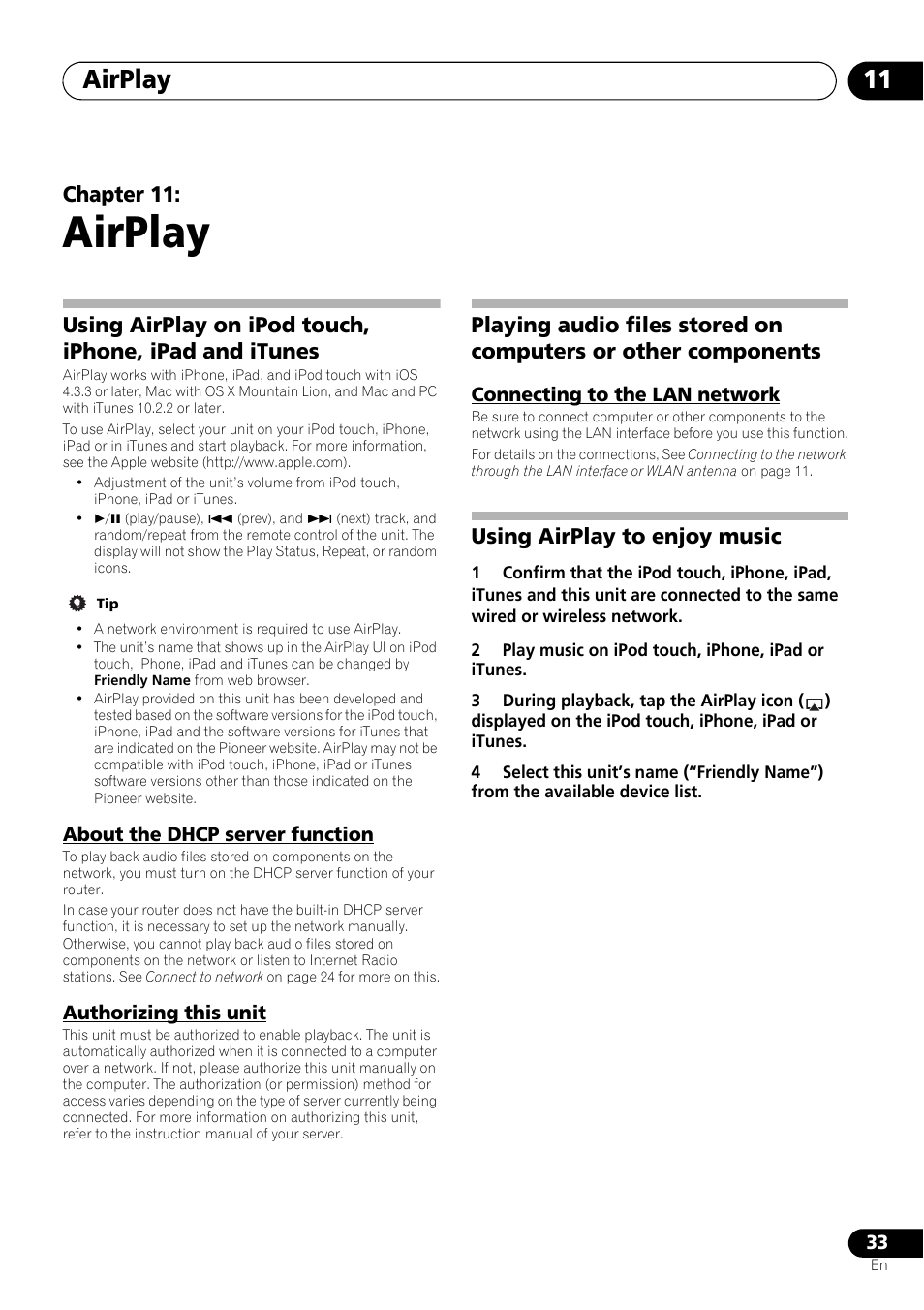 11 airplay, Using airplay on ipod touch, iphone, ipad and, Itunes | About the dhcp server function, Authorizing this unit, Playing audio files stored on computers or other, Components, Connecting to the lan network, Using airplay to enjoy music, Airplay | Pioneer X-SMC55-S User Manual | Page 33 / 54