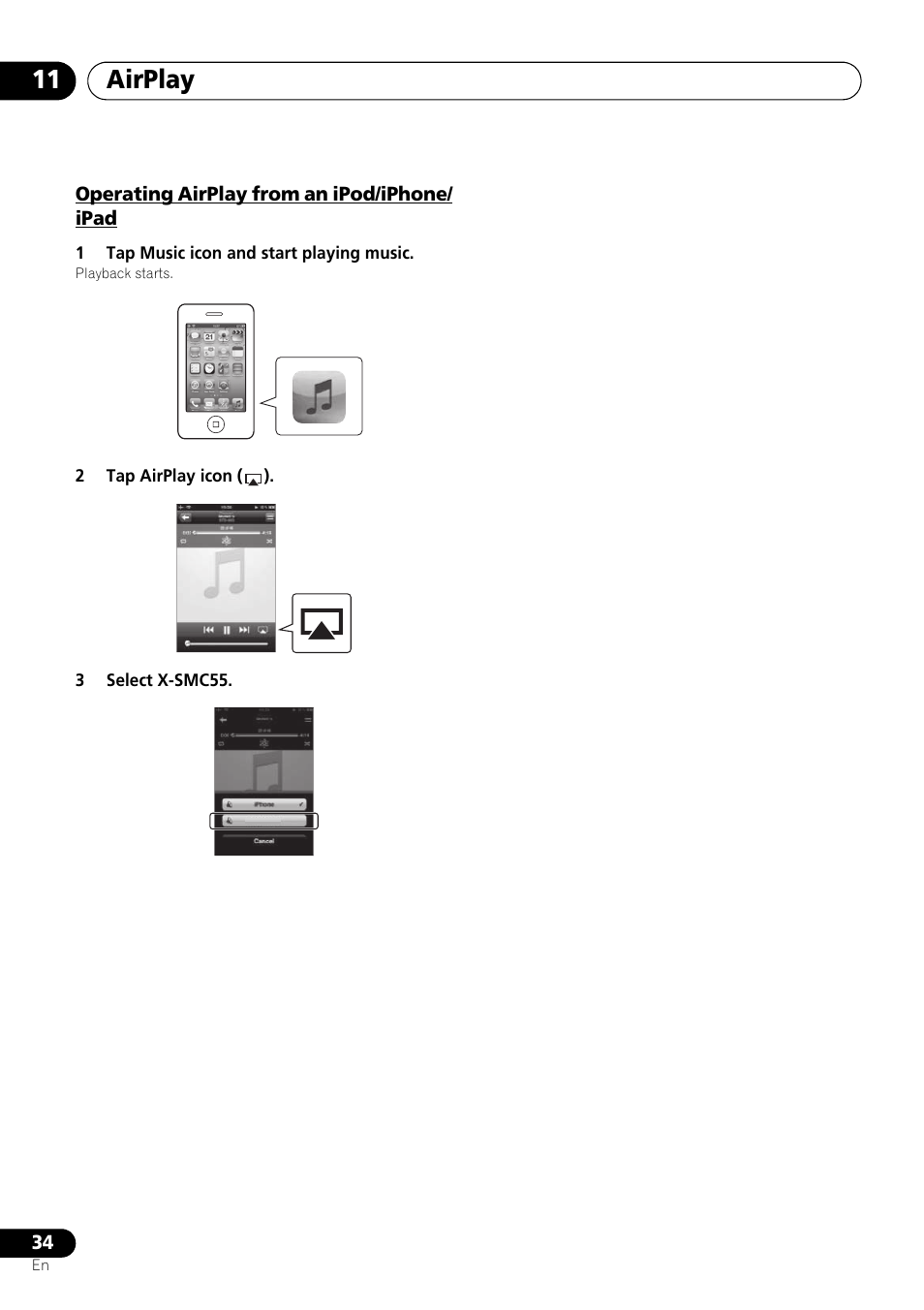 Operating airplay from an ipod/iphone/ipad, Airplay 11 | Pioneer X-SMC55-S User Manual | Page 34 / 54