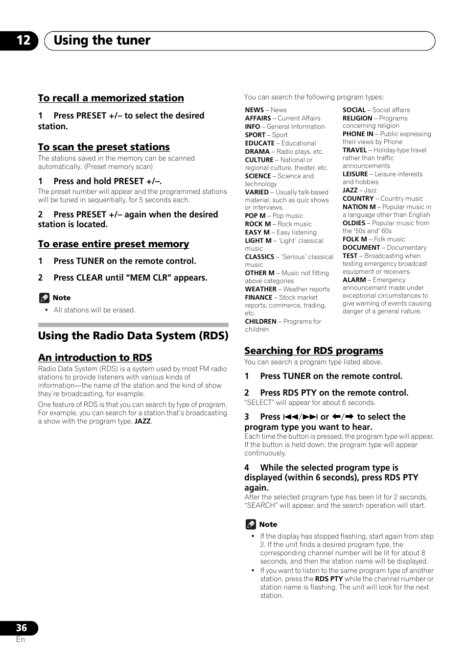 To recall a memorized station, To scan the preset stations, To erase entire preset memory | Using the radio data system (rds), An introduction to rds, Searching for rds programs, Using the tuner 12 | Pioneer X-SMC55-S User Manual | Page 36 / 54