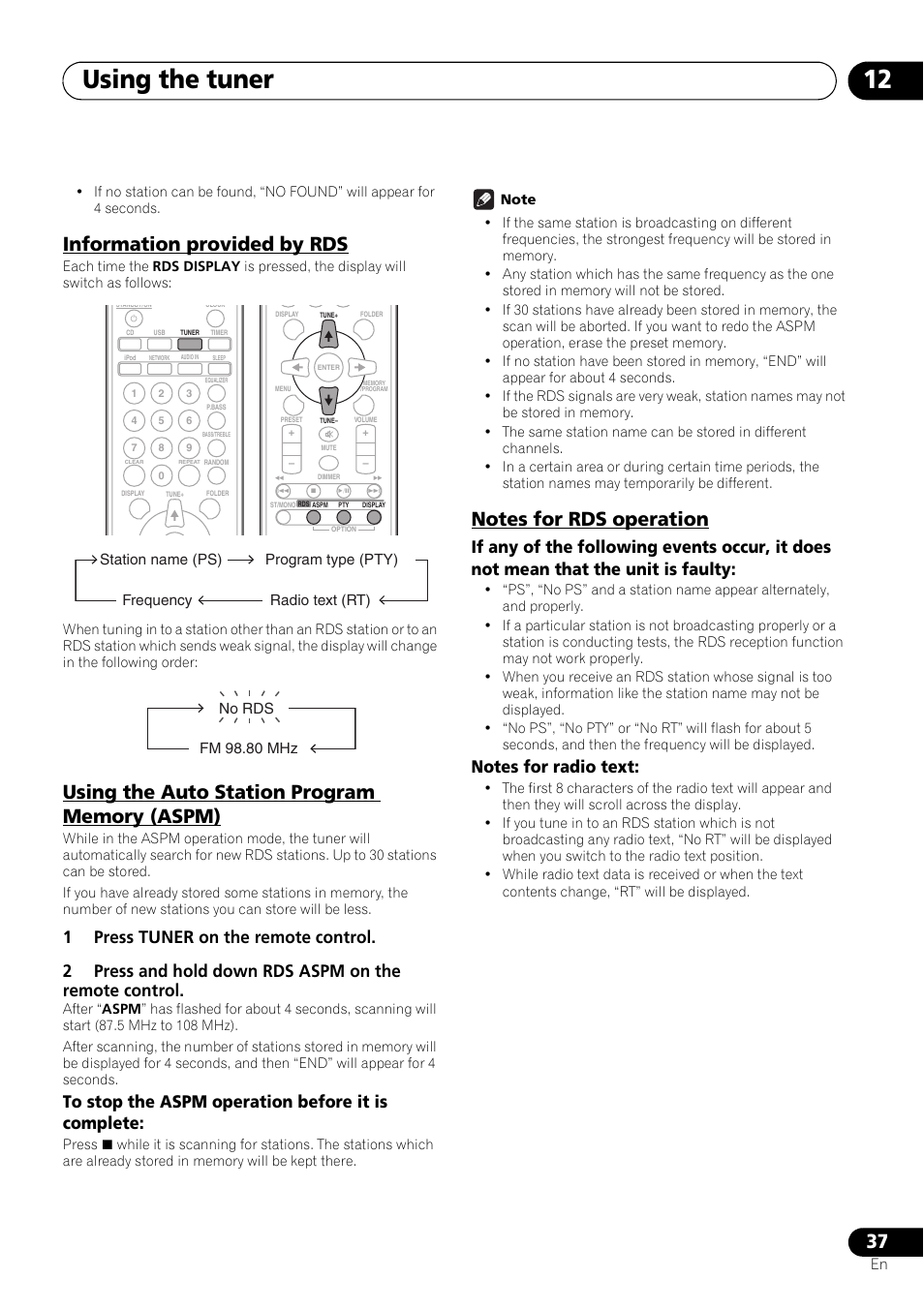 Information provided by rds, Using the auto station program memory, Aspm) | Notes for rds operation, Using the tuner 12 | Pioneer X-SMC55-S User Manual | Page 37 / 54