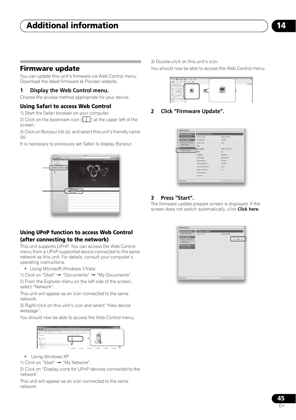Firmware update, Additional information 14, 1display the web control menu | Using safari to access web control, 2click “firmware update”. 3 press “start | Pioneer X-SMC55-S User Manual | Page 45 / 54