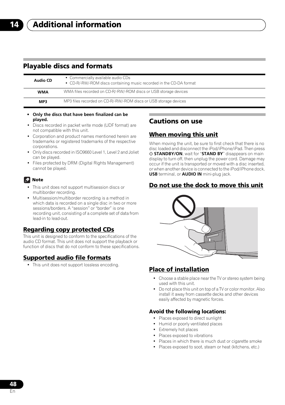 Playable discs and formats, Regarding copy protected cds, Supported audio file formats | Cautions on use, When moving this unit, Do not use the dock to move this unit, Place of installation, Additional information 14 | Pioneer X-SMC55-S User Manual | Page 48 / 54