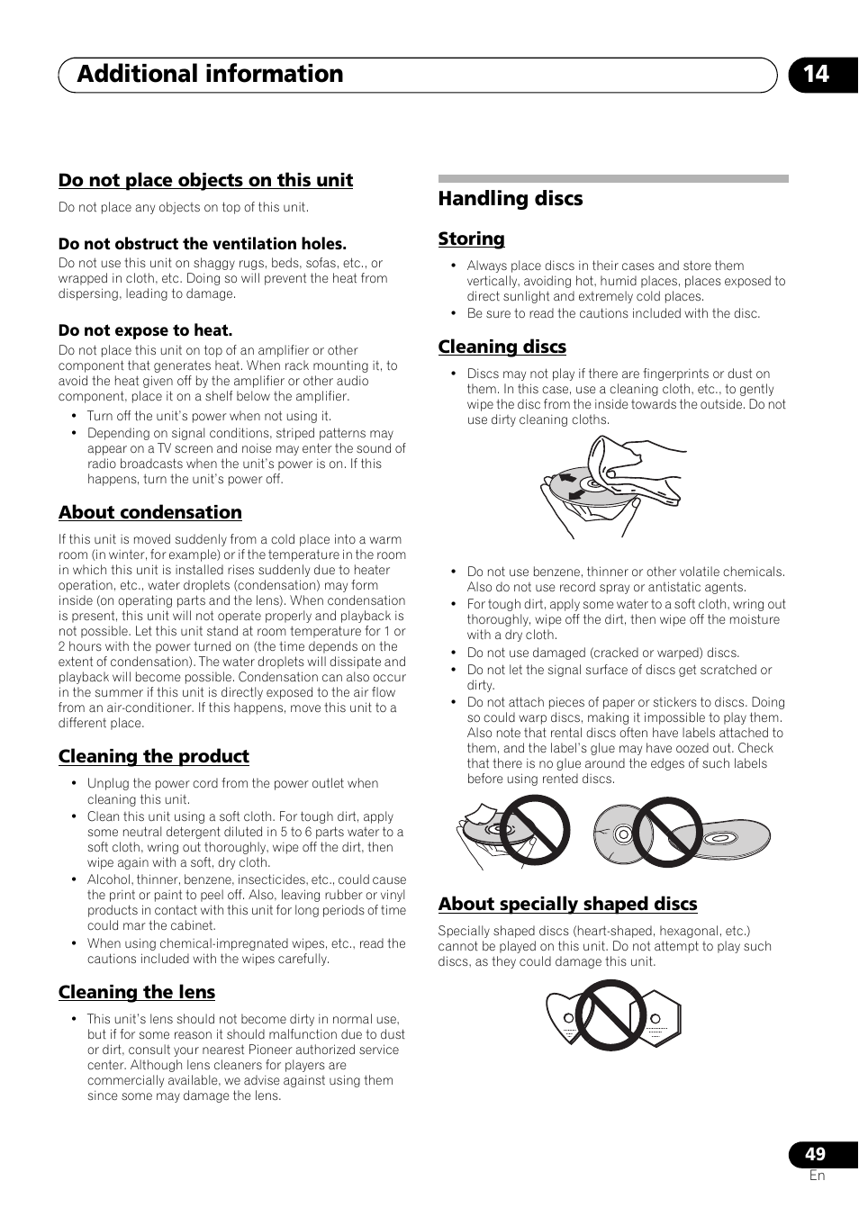 Do not place objects on this unit, About condensation, Cleaning the product | Cleaning the lens, Handling discs, Storing, Cleaning discs, About specially shaped discs, Additional information 14 | Pioneer X-SMC55-S User Manual | Page 49 / 54