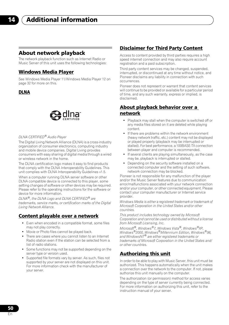 About network playback, Windows media player, Dlna | Content playable over a network, Disclaimer for third party content, About playback behavior over a network, Authorizing this unit, Additional information 14 | Pioneer X-SMC55-S User Manual | Page 50 / 54