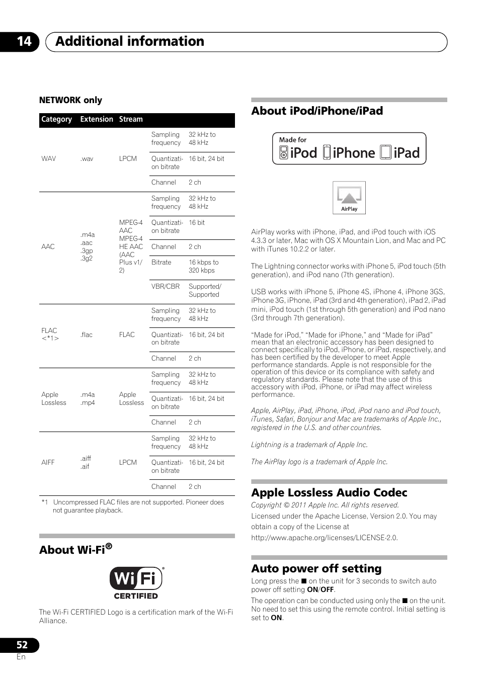 About wi-fi, About ipod/iphone/ipad, Apple lossless audio codec | Auto power off setting, Additional information 14, Network only | Pioneer X-SMC55-S User Manual | Page 52 / 54