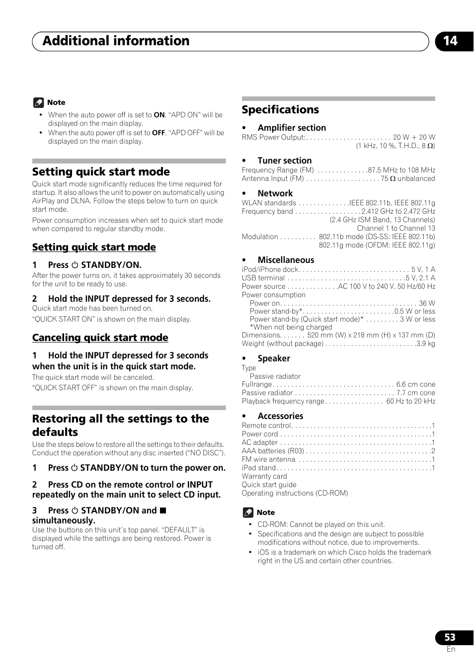 Setting quick start mode, Canceling quick start mode, Restoring all the settings to the defaults | Specifications, Additional information 14 | Pioneer X-SMC55-S User Manual | Page 53 / 54