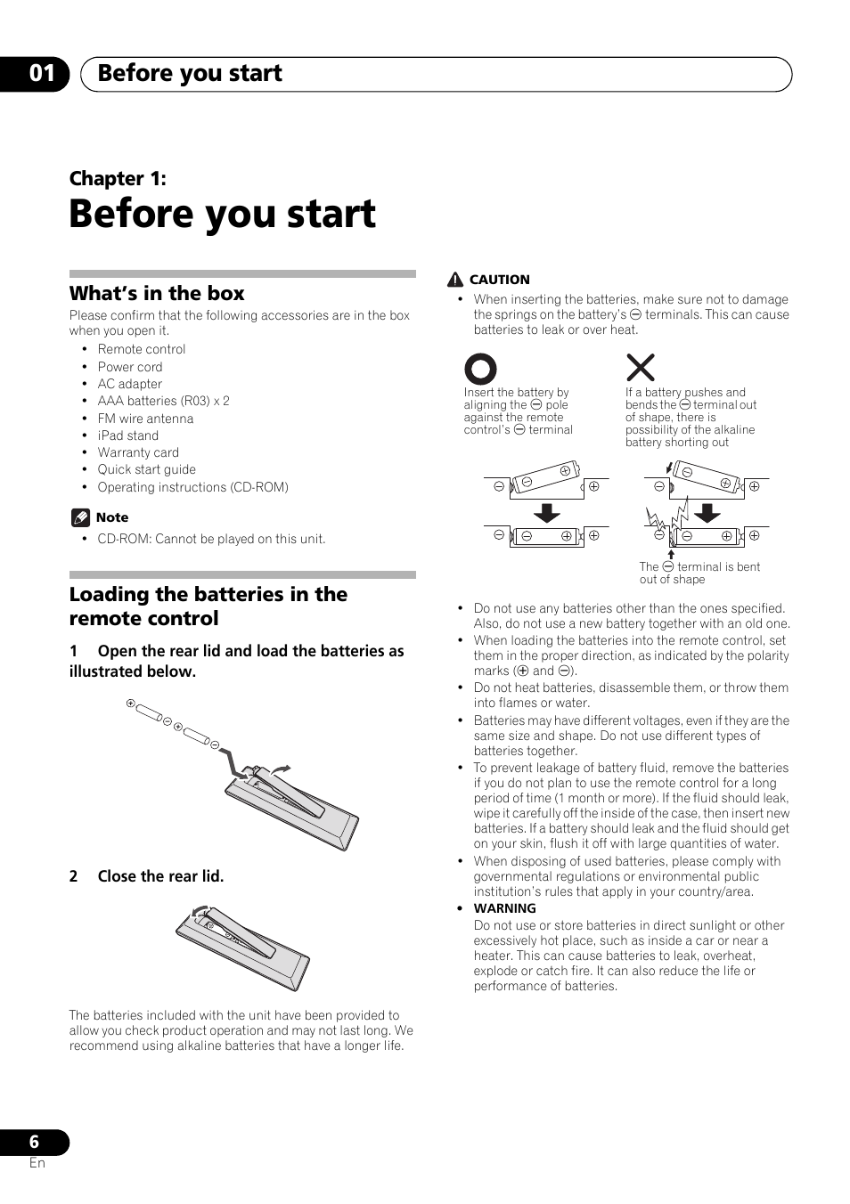 01 before you start, What’s in the box, Loading the batteries in the remote control | Before you start, Before you start 01, Chapter 1 | Pioneer X-SMC55-S User Manual | Page 6 / 54