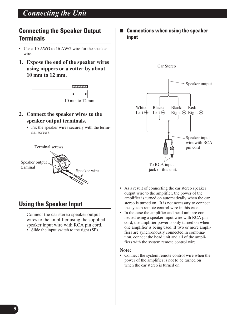 Connecting the unit, Connecting the speaker output terminals, Using the speaker input | Pioneer PRS-D420 User Manual | Page 10 / 100