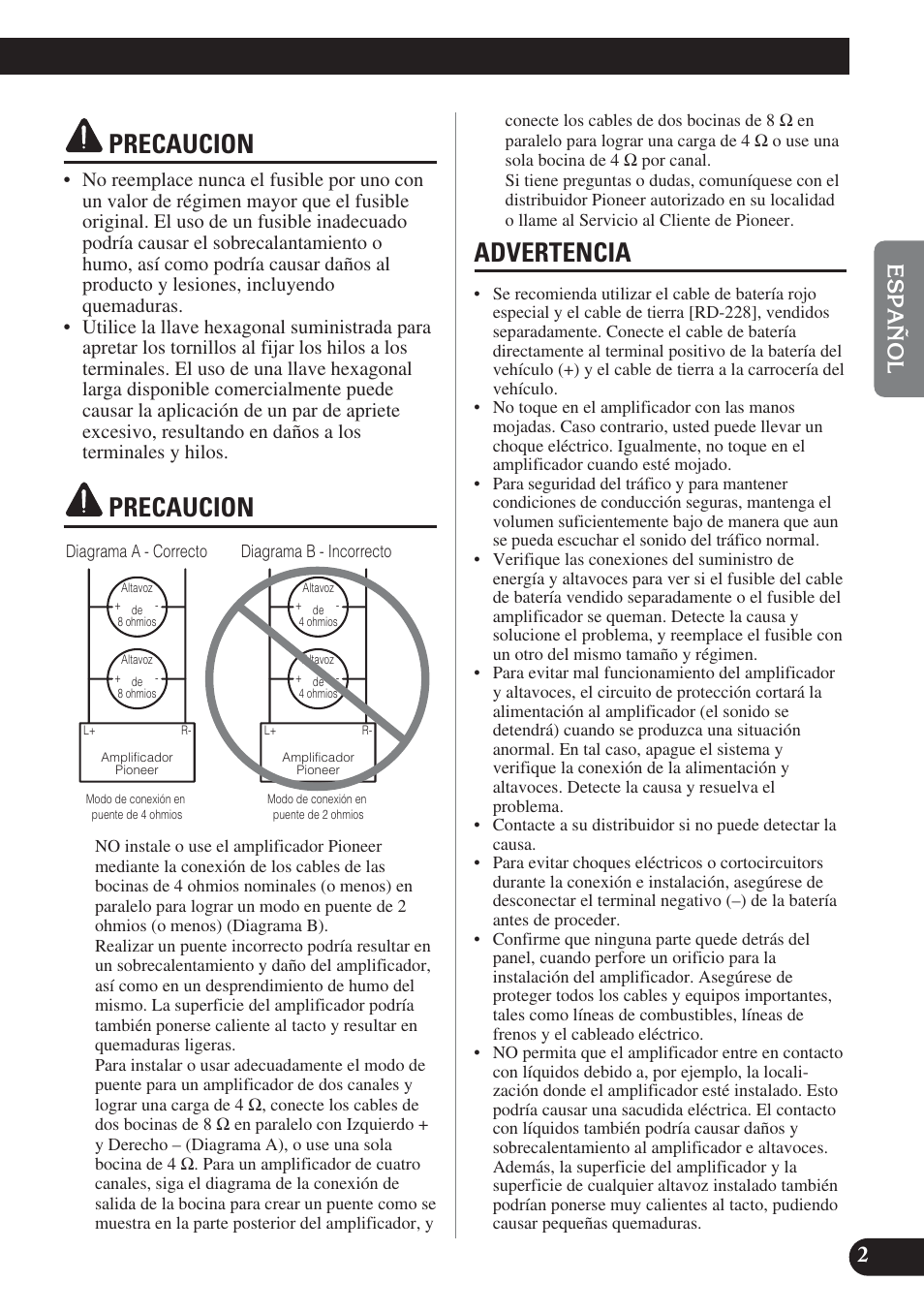 Precaucion precaucion advertencia, Precaucion, Advertencia | Pioneer PRS-D420 User Manual | Page 17 / 100