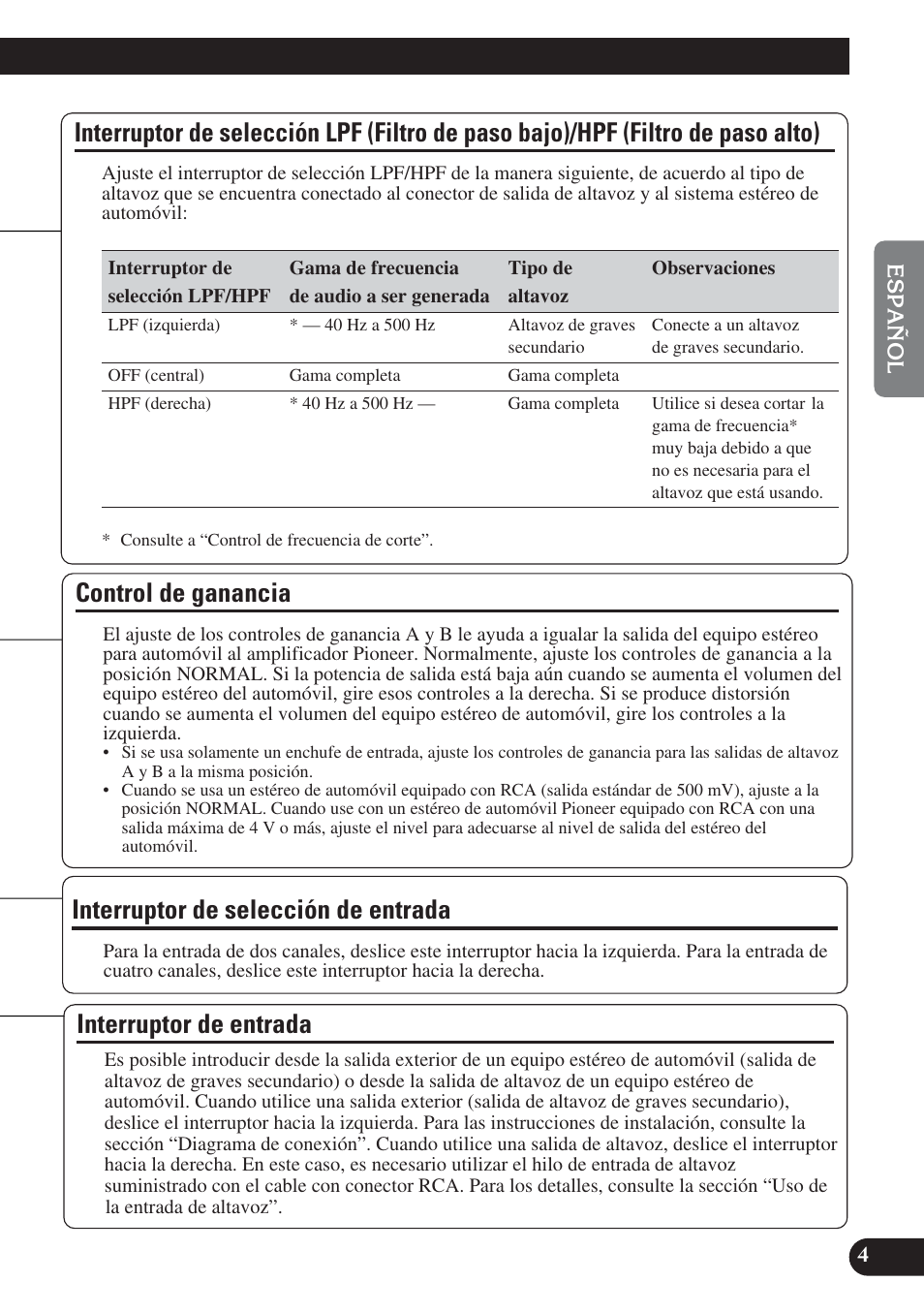 Interruptor de selección lpf (filtro de paso, Bajo)/hpf (filtro de paso alto), Control de ganancia | Interruptor de selección de entrada, Interruptor de entrada | Pioneer PRS-D420 User Manual | Page 19 / 100