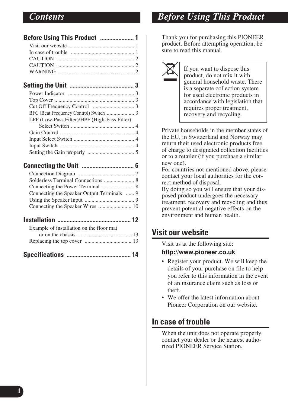 English, Contents before using this product, Visit our website | Pioneer PRS-D420 User Manual | Page 2 / 100