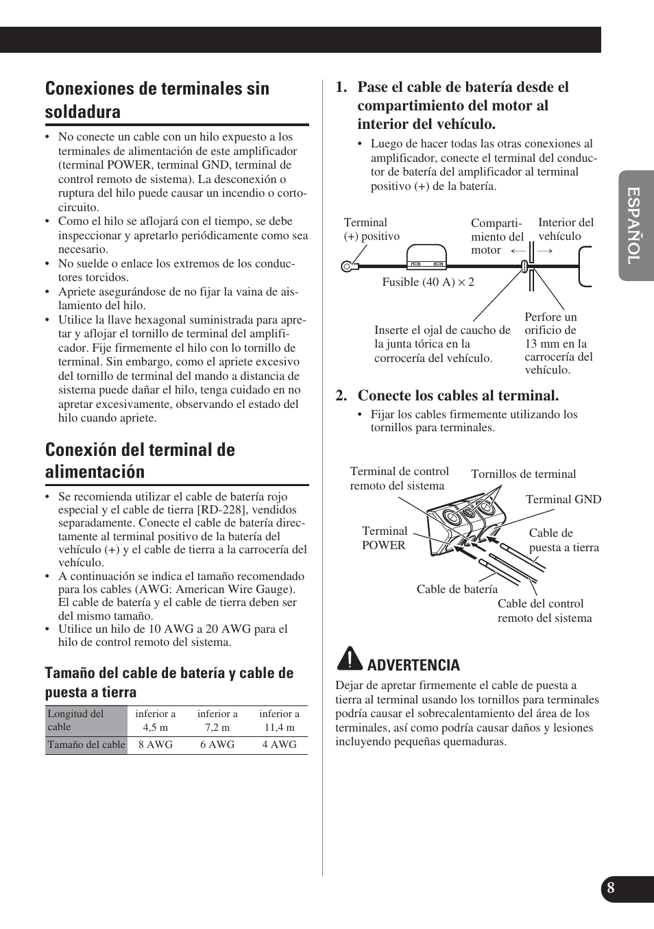 Conexiones de terminales sin soldadura, Conexión del terminal de alimentación, Conecte los cables al terminal | Advertencia | Pioneer PRS-D420 User Manual | Page 23 / 100