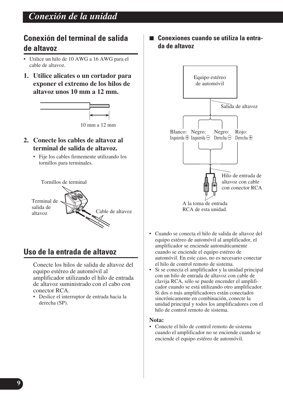Conexión de la unidad, Conexión del terminal de salida de altavoz, Uso de la entrada de altavoz | Pioneer PRS-D420 User Manual | Page 24 / 100