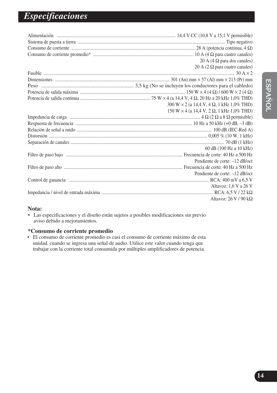 Especificaciones | Pioneer PRS-D420 User Manual | Page 29 / 100