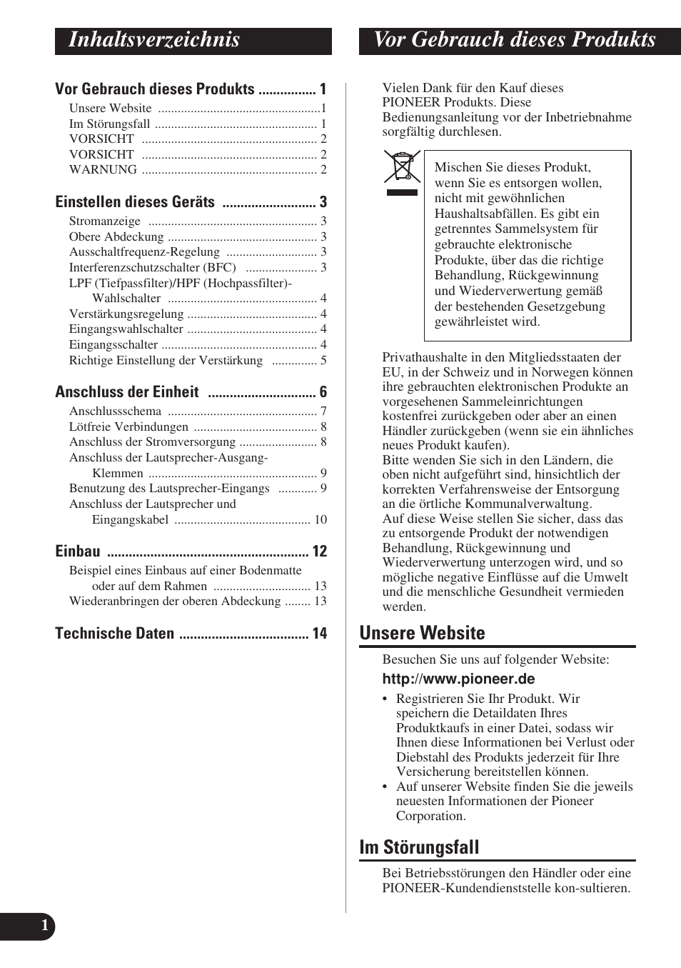 Deutsch, Inhaltsverzeichnis vor gebrauch dieses produkts, Unsere website | Im störungsfall | Pioneer PRS-D420 User Manual | Page 30 / 100