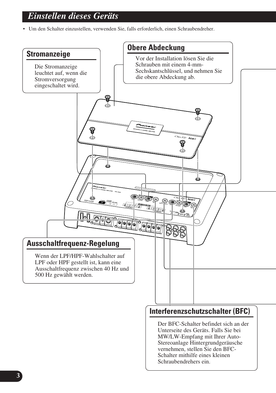 Einstellen dieses geräts, Obere abdeckung, Stromanzeige | Ausschaltfrequenz-regelung, Interferenzschutzschalter (bfc) | Pioneer PRS-D420 User Manual | Page 32 / 100