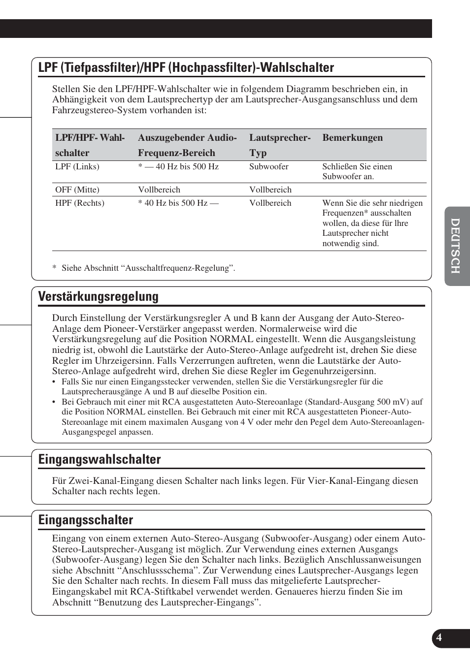Lpf (tiefpassfilter)/hpf (hochpassfilter), Wahlschalter, Verstärkungsregelung | Eingangswahlschalter, Eingangsschalter | Pioneer PRS-D420 User Manual | Page 33 / 100