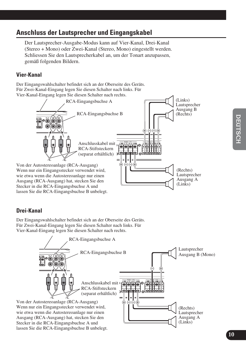 Anschluss der lautsprecher und, Eingangskabel, Anschluss der lautsprecher und eingangskabel | Pioneer PRS-D420 User Manual | Page 39 / 100
