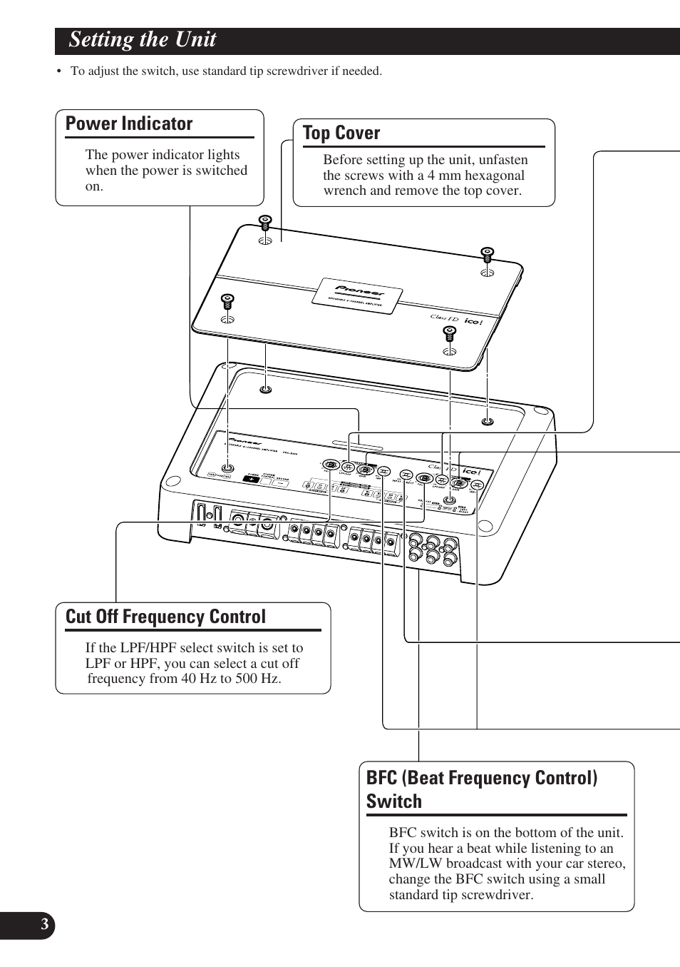 Setting the unit, Power indicator, Cut off frequency control | Bfc (beat frequency control) switch, Top cover | Pioneer PRS-D420 User Manual | Page 4 / 100
