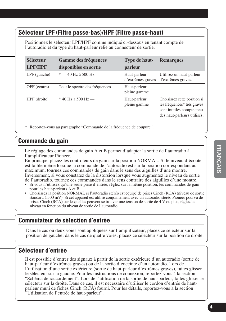 Sélecteur lpf (filtre passe-bas), Hpf (filtre passe-haut), Sélecteur d’entrée | Commande du gain, Commutateur de sélection d’entrée | Pioneer PRS-D420 User Manual | Page 47 / 100