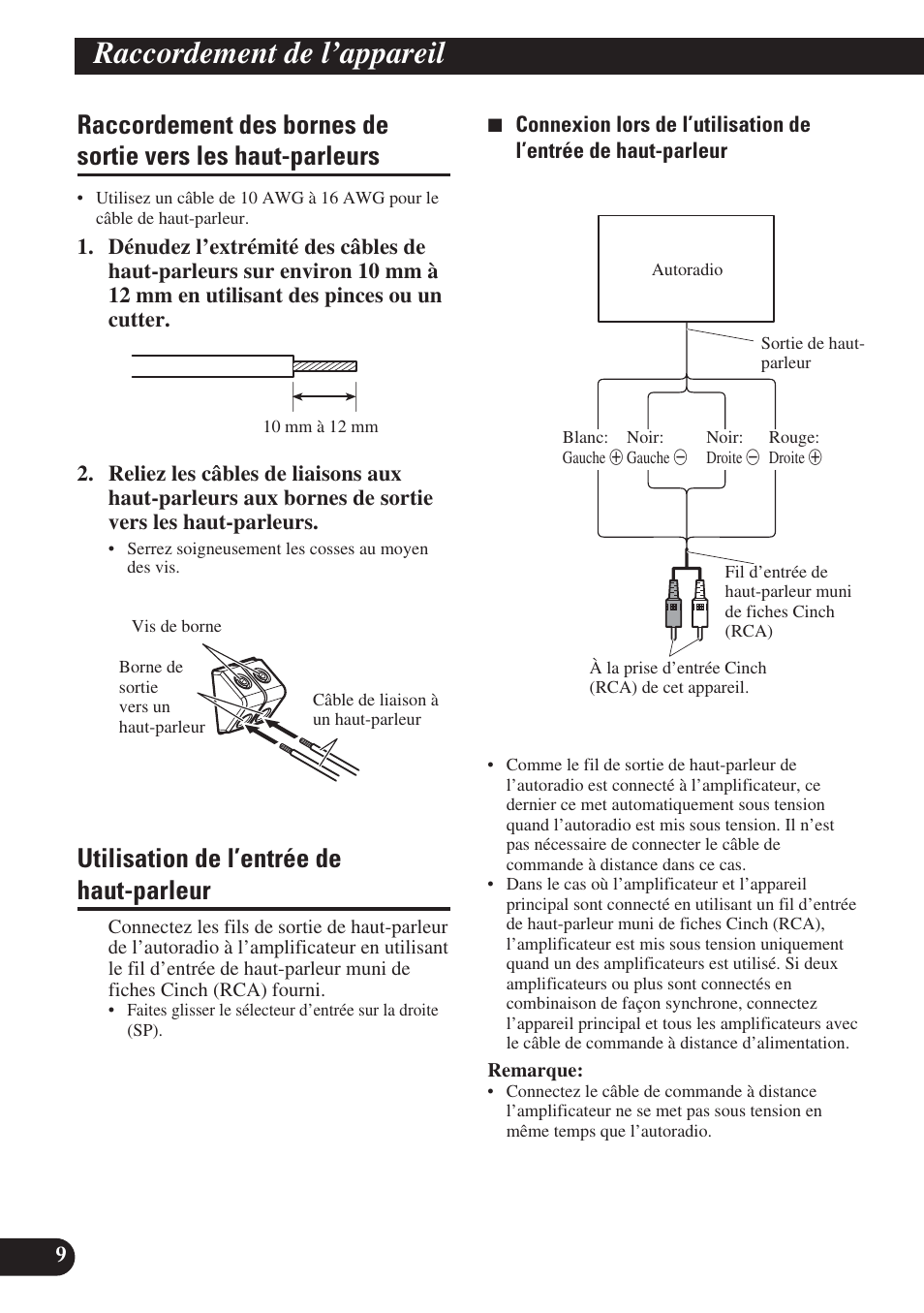 Raccordement des bornes de sortie vers, Les haut-parleurs, Utilisation de l’entrée de haut-parleur | Raccordement de l’appareil | Pioneer PRS-D420 User Manual | Page 52 / 100
