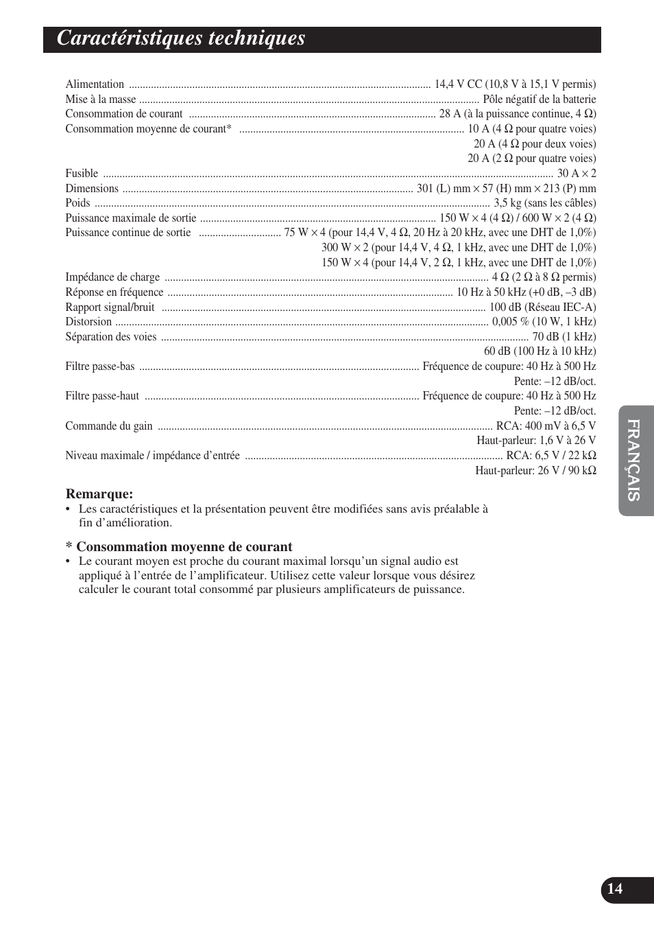 Caractéristiques techniques | Pioneer PRS-D420 User Manual | Page 57 / 100