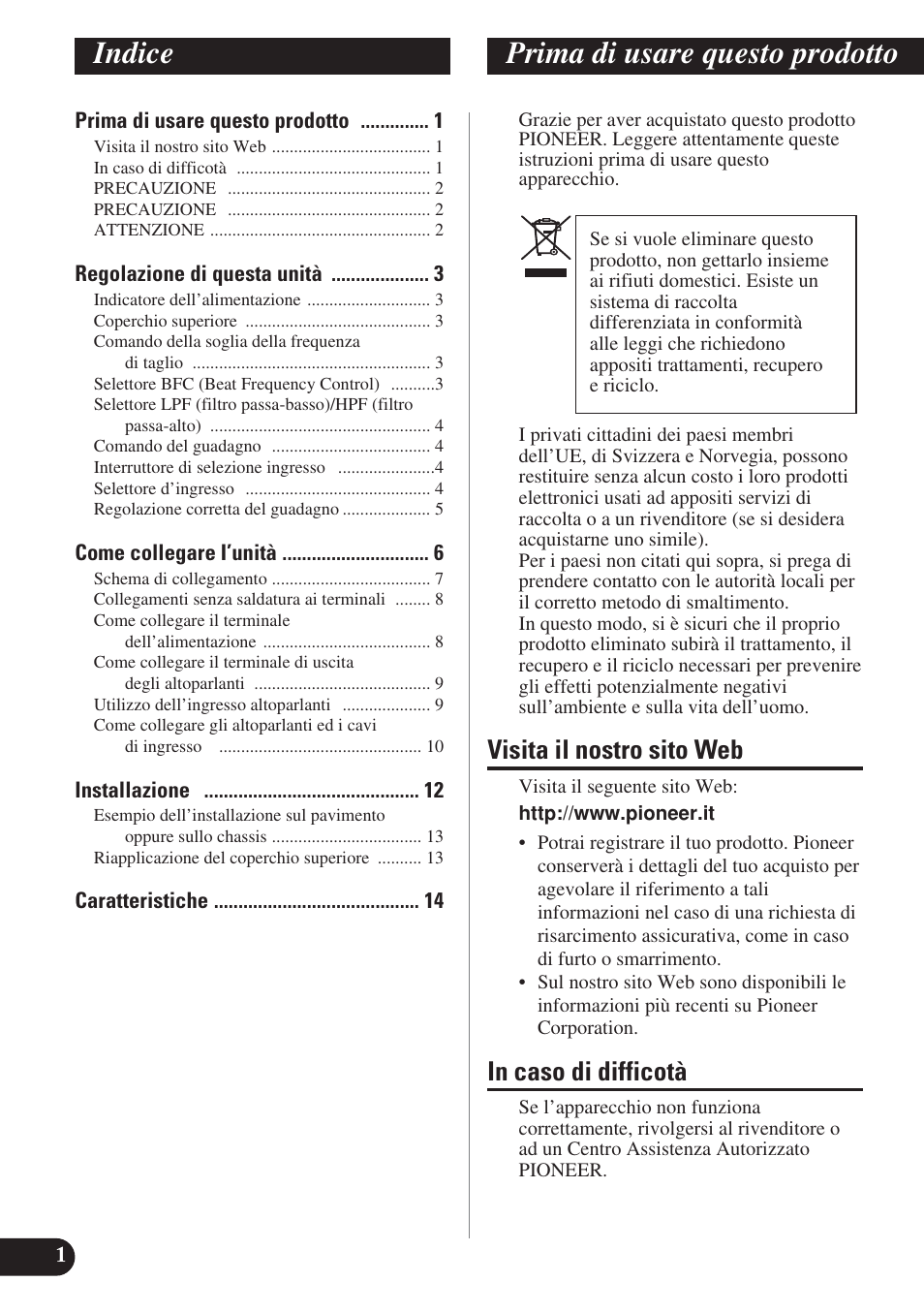 Italiano, Indice prima di usare questo prodotto, Visita il nostro sito web | Pioneer PRS-D420 User Manual | Page 58 / 100