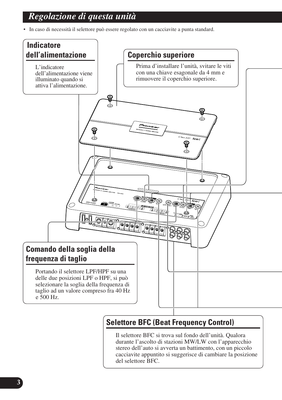 Regolazione di questa unità, Di taglio, Selettore bfc (beat frequency control) | Coperchio superiore, Indicatore dell’alimentazione, Comando della soglia della frequenza di taglio | Pioneer PRS-D420 User Manual | Page 60 / 100