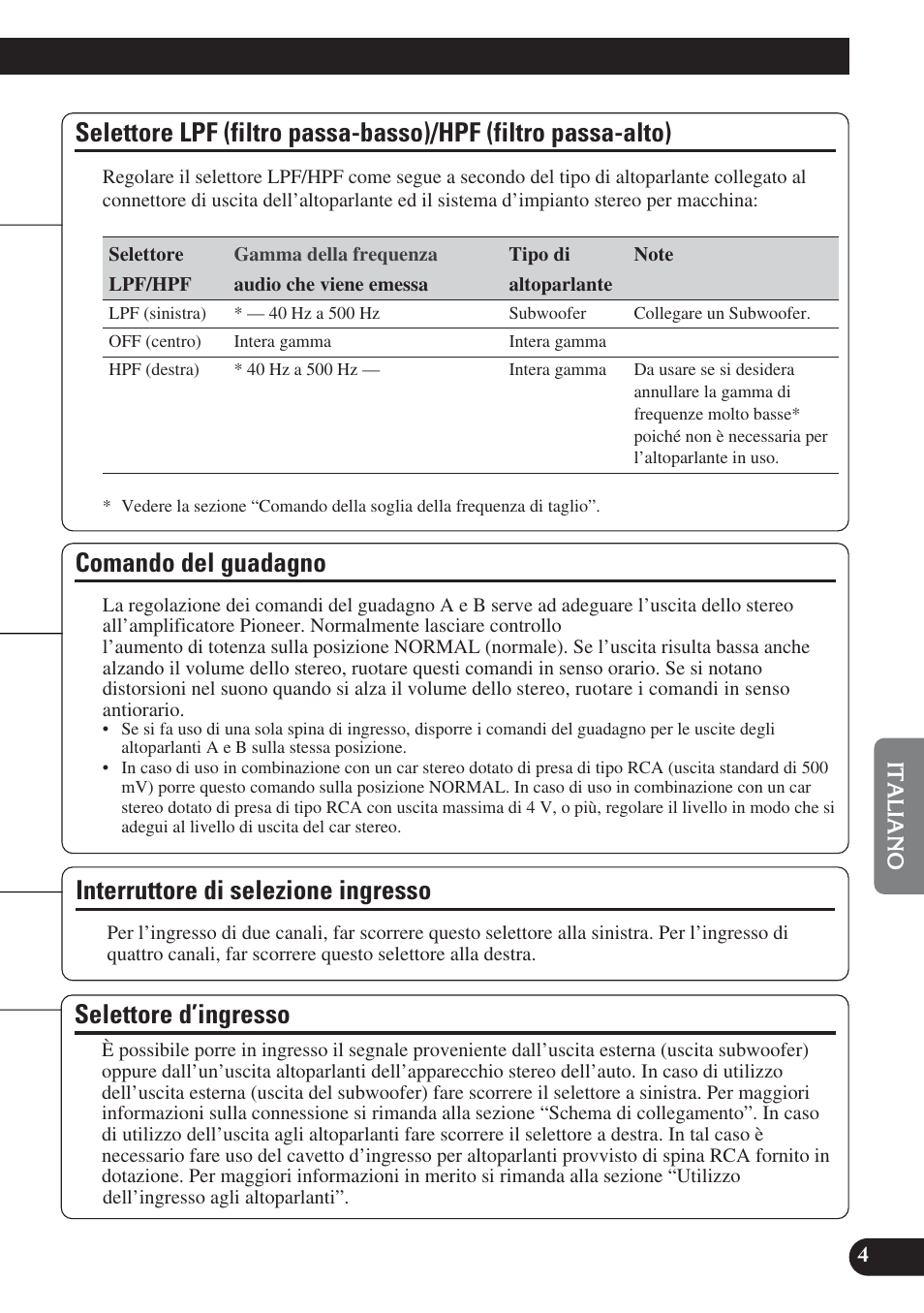Selettore lpf (filtro passa-basso)/hpf (filtro, Passa-alto), Comando del guadagno | Interruttore di selezione ingresso, Selettore d’ingresso | Pioneer PRS-D420 User Manual | Page 61 / 100