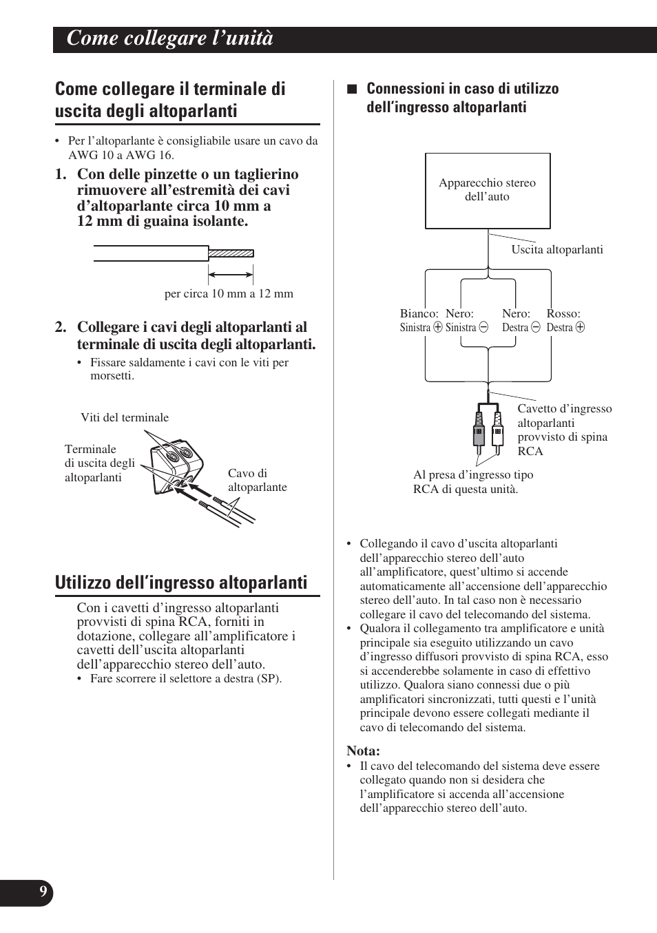 Come collegare il terminale di uscita, Degli altoparlanti, Utilizzo dell’ingresso altoparlanti | Come collegare l’unità | Pioneer PRS-D420 User Manual | Page 66 / 100
