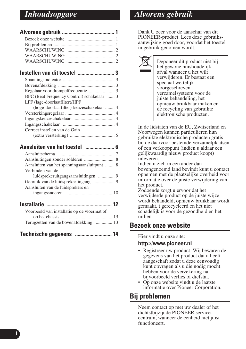 Nederlands, Inhoudsopgave alvorens gebruik, Bezoek onze website | Bij problemen | Pioneer PRS-D420 User Manual | Page 72 / 100