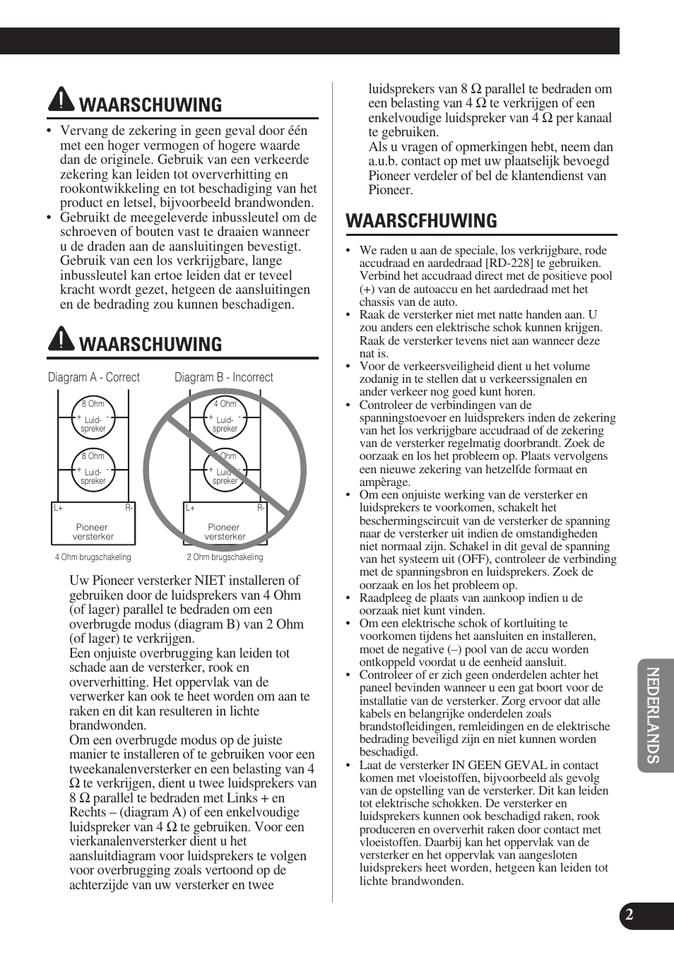 Waarschuwing waarschuwing waarschuwing, Waarschuwing, Waarscfhuwing | Pioneer PRS-D420 User Manual | Page 73 / 100