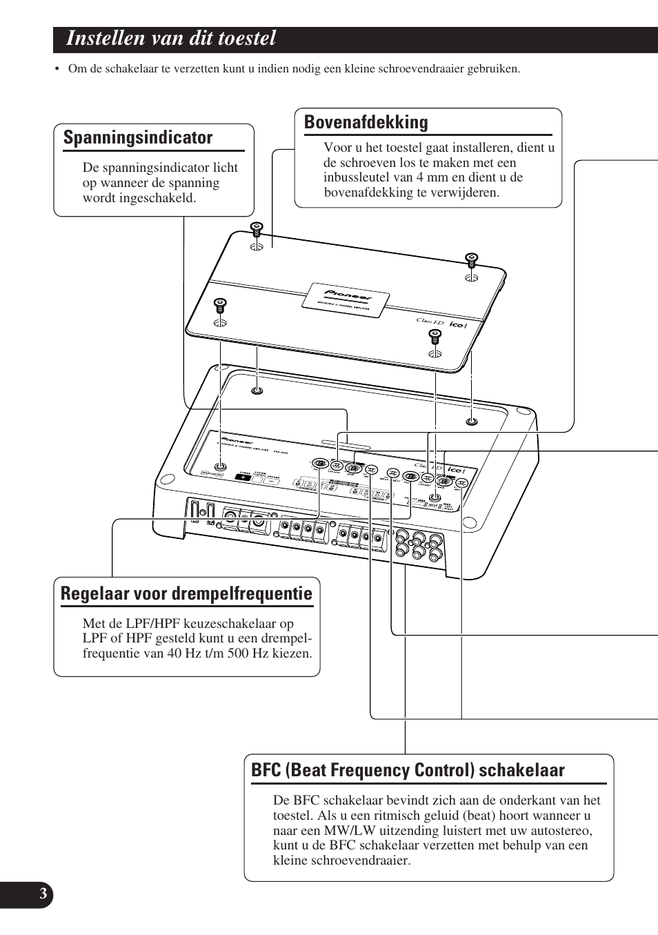 Instellen van dit toestel, Bovenafdekking, Spanningsindicator | Regelaar voor drempelfrequentie, Bfc (beat frequency control) schakelaar | Pioneer PRS-D420 User Manual | Page 74 / 100
