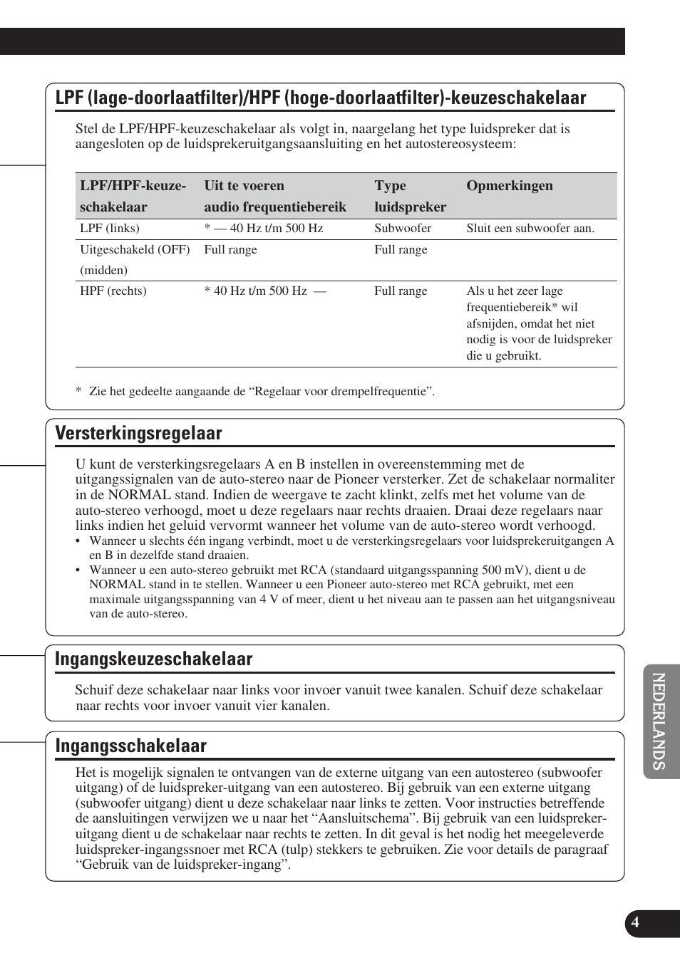 Lpf (lage-doorlaatfilter)/hpf, Hoge-doorlaatfilter)-keuzeschakelaar, Ingangsschakelaar | Versterkingsregelaar, Ingangskeuzeschakelaar | Pioneer PRS-D420 User Manual | Page 75 / 100