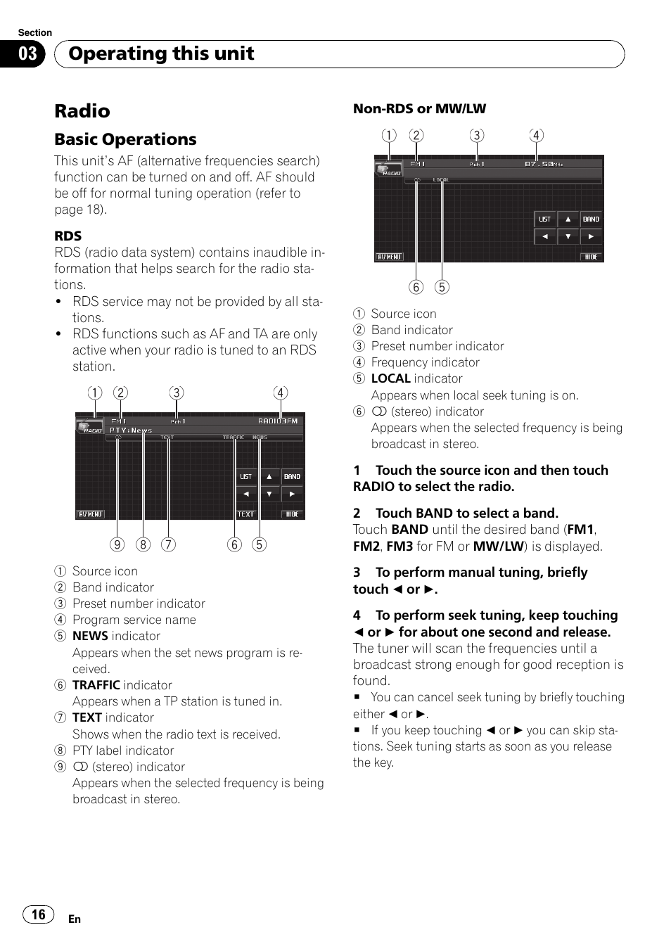 Radio, Basic operations 16, Operating this unit | Pioneer AVH-P4000DVD User Manual | Page 16 / 96