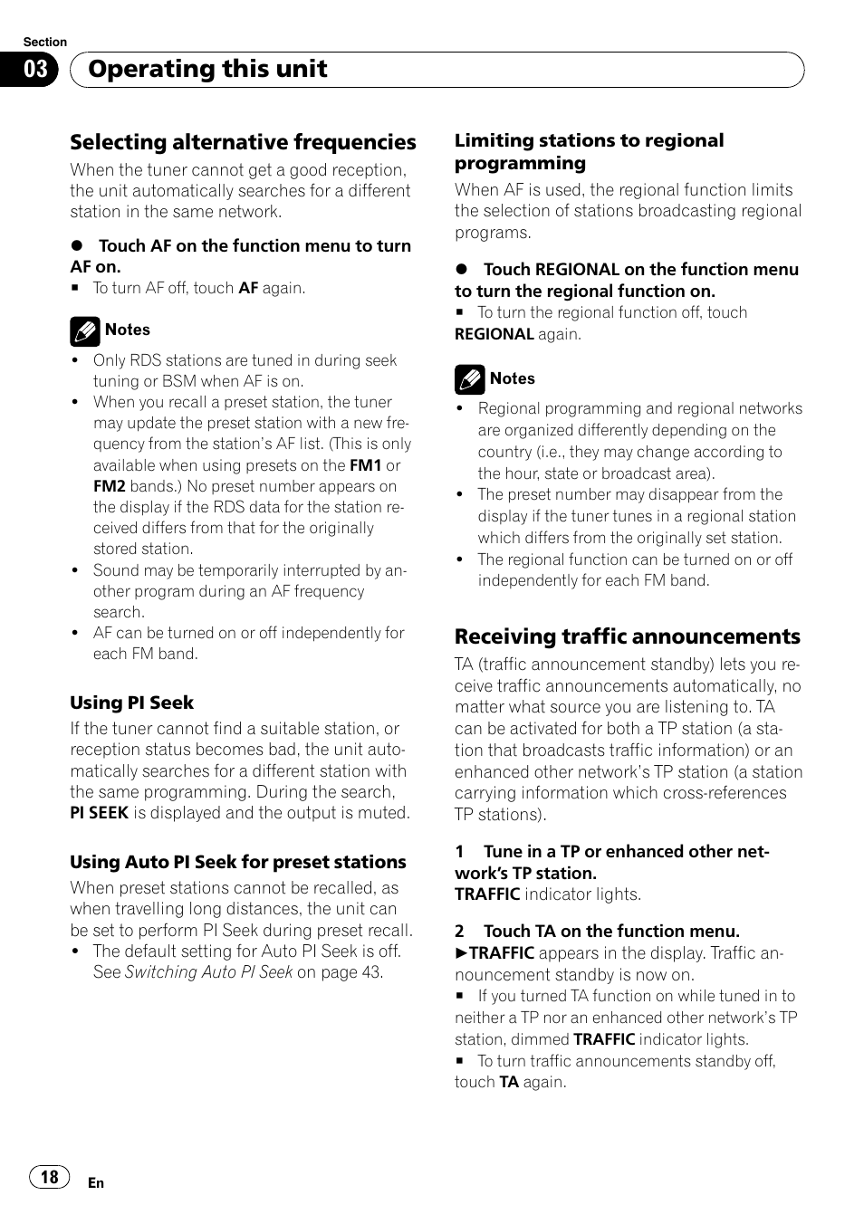 Selecting alternative frequencies 18, Receiving traffic announcements 18, Operating this unit | Selecting alternative frequencies, Receiving traffic announcements | Pioneer AVH-P4000DVD User Manual | Page 18 / 96