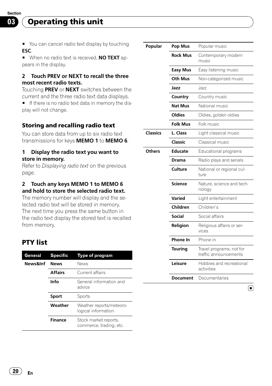 Pty list 20, Operating this unit, Pty list | Storing and recalling radio text | Pioneer AVH-P4000DVD User Manual | Page 20 / 96