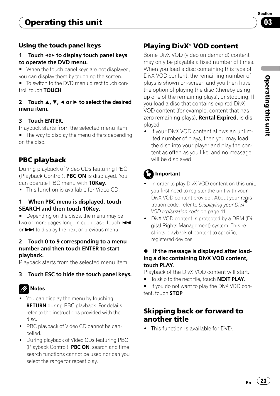Pbc playback 23, Playing divx® vod content 23, Skipping back or forward to another | Title, Operating this unit, Pbc playback, Playing divx, Vod content, Skipping back or forward to another title | Pioneer AVH-P4000DVD User Manual | Page 23 / 96